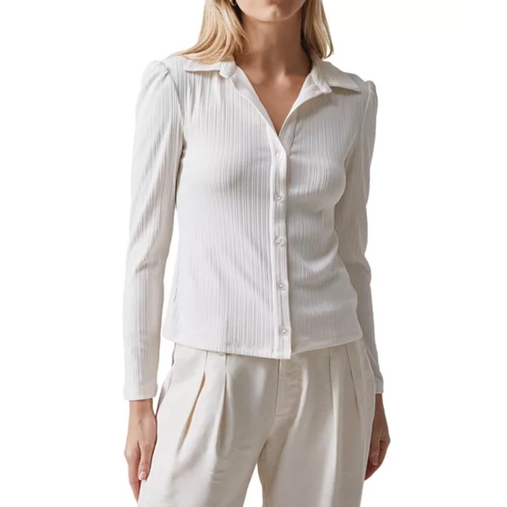 Sanctuary Ribbed Knit Collared Puff Sleeve Button Up Shirt Women's XL White